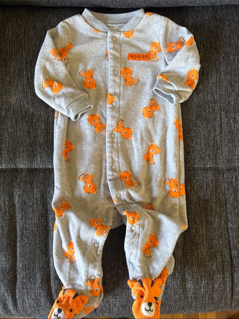 Child of Mine Gray Fleece One-Piece with Orange Tiger footies